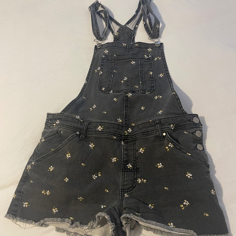Yellow Flower Black Denim Overalls